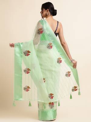 Mint Green Embellished::Embroidered Organza Bollywood Saree With Blouse 3