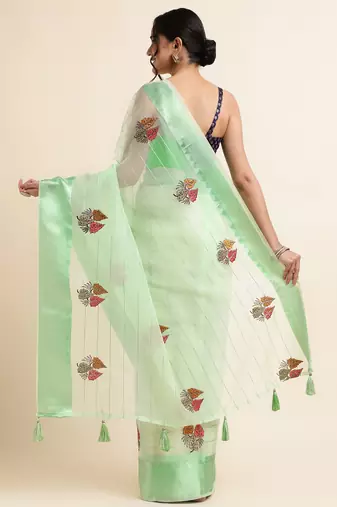 Mint Green Embellished::Embroidered Organza Bollywood Saree With Blouse
