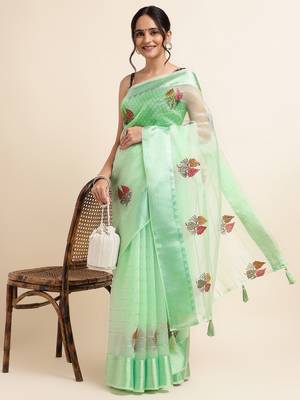 Mint Green Embellished::Embroidered Organza Bollywood Saree With Blouse 4