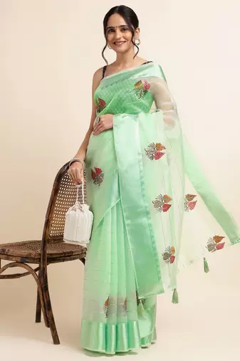 Mint Green Embellished::Embroidered Organza Bollywood Saree With Blouse