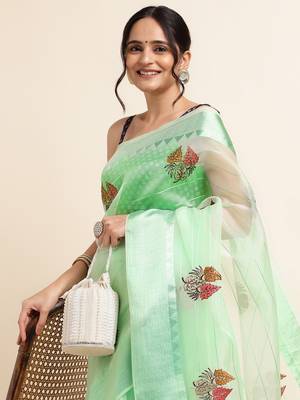 Mint Green Embellished::Embroidered Organza Bollywood Saree With Blouse 5