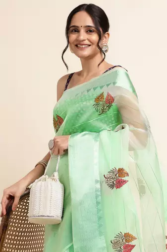 Mint Green Embellished::Embroidered Organza Bollywood Saree With Blouse
