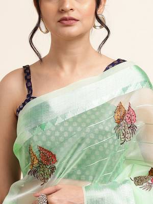 Mint Green Embellished::Embroidered Organza Bollywood Saree With Blouse 6