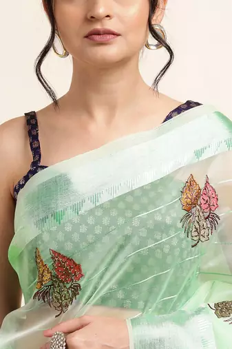 Mint Green Embellished::Embroidered Organza Bollywood Saree With Blouse