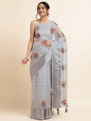 Grey Embellished::Embroidered Organza Bollywood Saree With Blouse 1