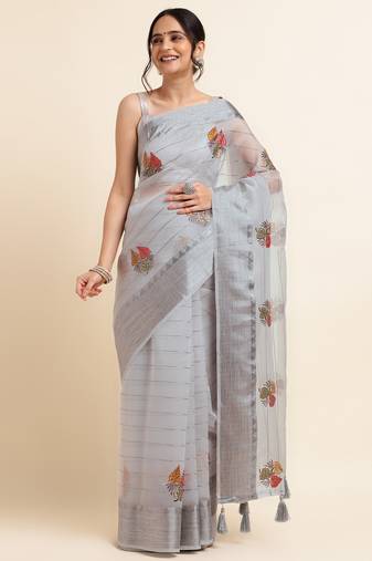 Grey Embellished::Embroidered Organza Bollywood Saree With Blouse