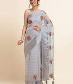 Grey Embellished::Embroidered Organza Bollywood Saree With Blouse