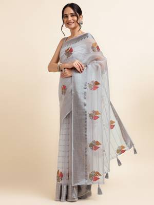 Grey Embellished::Embroidered Organza Bollywood Saree With Blouse 2