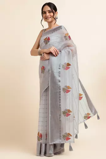 Grey Embellished::Embroidered Organza Bollywood Saree With Blouse