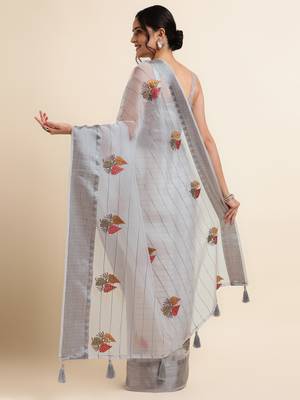 Grey Embellished::Embroidered Organza Bollywood Saree With Blouse 3