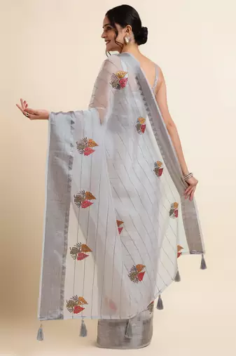 Grey Embellished::Embroidered Organza Bollywood Saree With Blouse