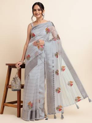 Grey Embellished::Embroidered Organza Bollywood Saree With Blouse 4