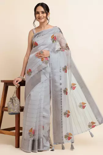Grey Embellished::Embroidered Organza Bollywood Saree With Blouse