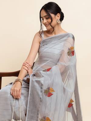 Grey Embellished::Embroidered Organza Bollywood Saree With Blouse 5