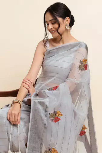 Grey Embellished::Embroidered Organza Bollywood Saree With Blouse