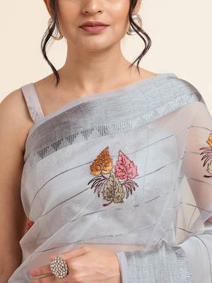 Grey Embellished::Embroidered Organza Bollywood Saree With Blouse 6