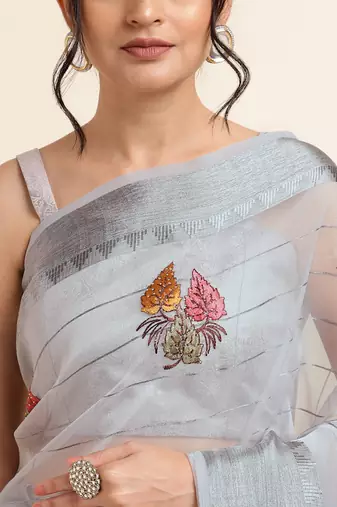 Grey Embellished::Embroidered Organza Bollywood Saree With Blouse