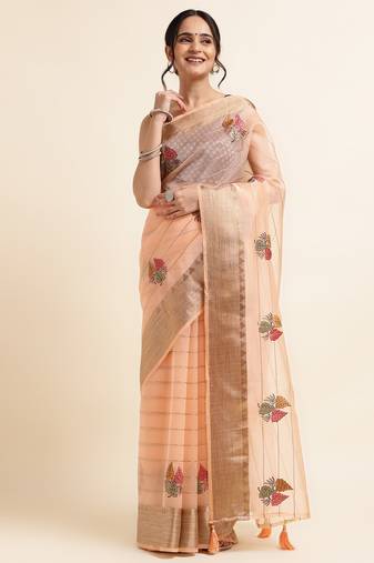 Peach Embellished::Embroidered Organza Bollywood Saree With Blouse