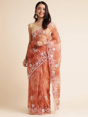 Rust Embellished::Embroidered Organza Bollywood Saree With Blouse 1