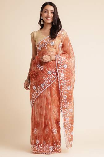 Rust Embellished::Embroidered Organza Bollywood Saree With Blouse