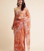 Rust Embellished::Embroidered Organza Bollywood Saree With Blouse