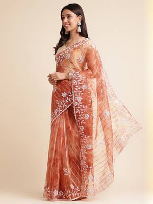 Rust Embellished::Embroidered Organza Bollywood Saree With Blouse 2