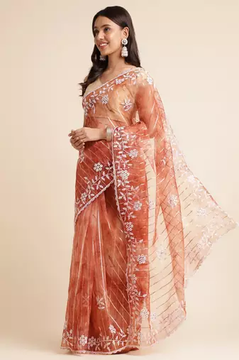 Rust Embellished::Embroidered Organza Bollywood Saree With Blouse