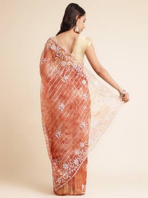 Rust Embellished::Embroidered Organza Bollywood Saree With Blouse 3