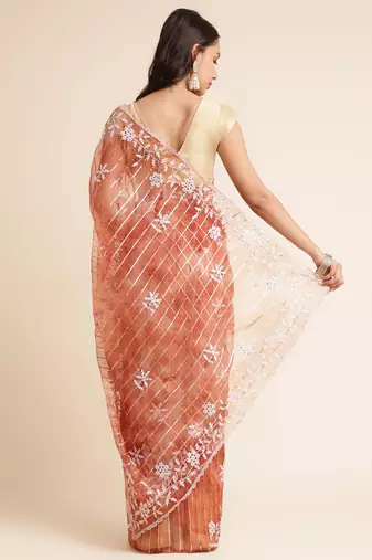 Rust Embellished::Embroidered Organza Bollywood Saree With Blouse