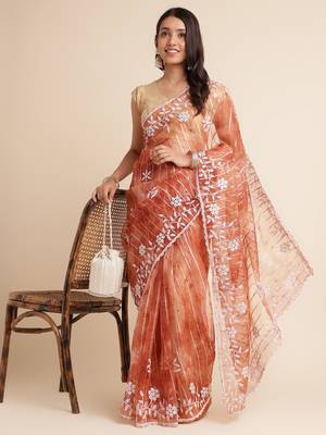 Rust Embellished::Embroidered Organza Bollywood Saree With Blouse 4