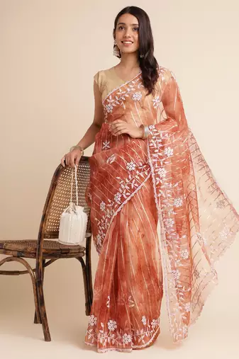 Rust Embellished::Embroidered Organza Bollywood Saree With Blouse
