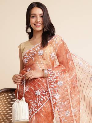 Rust Embellished::Embroidered Organza Bollywood Saree With Blouse 5