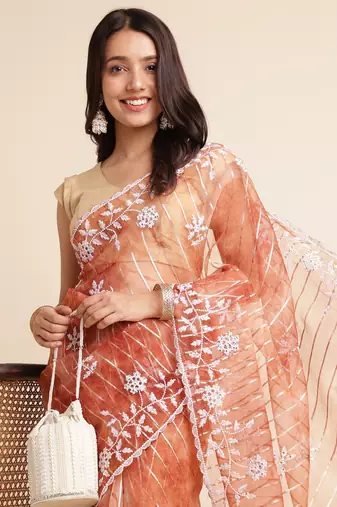 Rust Embellished::Embroidered Organza Bollywood Saree With Blouse