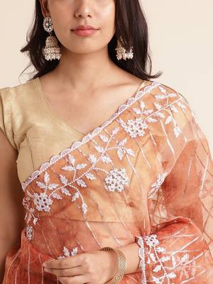 Rust Embellished::Embroidered Organza Bollywood Saree With Blouse 6