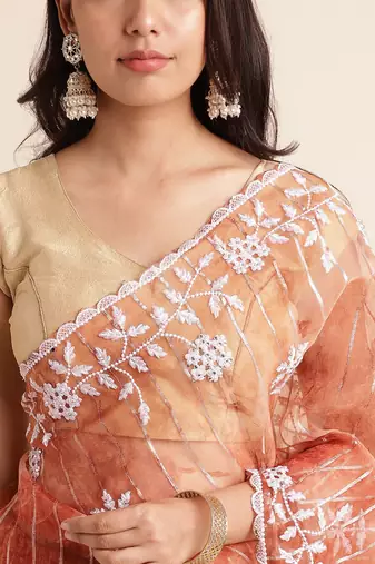 Rust Embellished::Embroidered Organza Bollywood Saree With Blouse