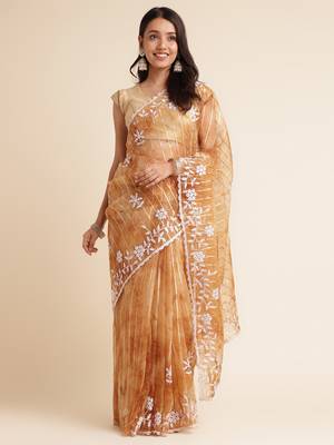 Brown Embellished::Embroidered Organza Bollywood Saree With Blouse 1