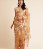 Brown Embellished::Embroidered Organza Bollywood Saree With Blouse