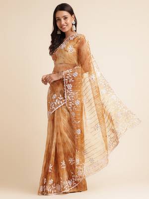 Brown Embellished::Embroidered Organza Bollywood Saree With Blouse 2