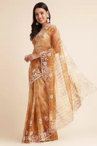 Brown Embellished::Embroidered Organza Bollywood Saree With Blouse