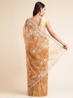 Brown Embellished::Embroidered Organza Bollywood Saree With Blouse 3