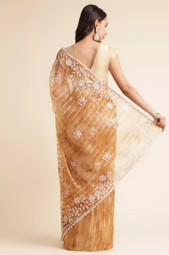 Brown Embellished::Embroidered Organza Bollywood Saree With Blouse