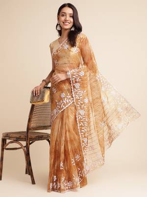 Brown Embellished::Embroidered Organza Bollywood Saree With Blouse 4