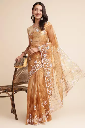 Brown Embellished::Embroidered Organza Bollywood Saree With Blouse