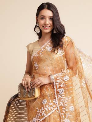 Brown Embellished::Embroidered Organza Bollywood Saree With Blouse 5