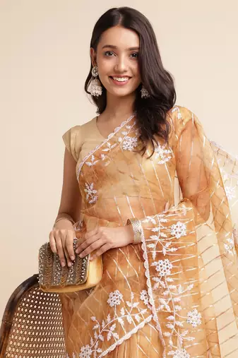 Brown Embellished::Embroidered Organza Bollywood Saree With Blouse
