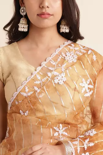 Brown Embellished::Embroidered Organza Bollywood Saree With Blouse