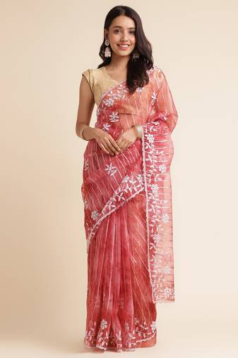 Maroon Embellished::Embroidered Organza Bollywood Saree With Blouse