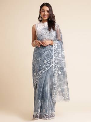 Grey Embellished::Embroidered Organza Bollywood Saree With Blouse 1