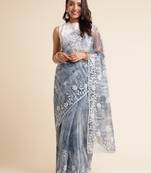Grey Embellished::Embroidered Organza Bollywood Saree With Blouse