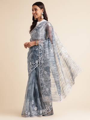 Grey Embellished::Embroidered Organza Bollywood Saree With Blouse 2